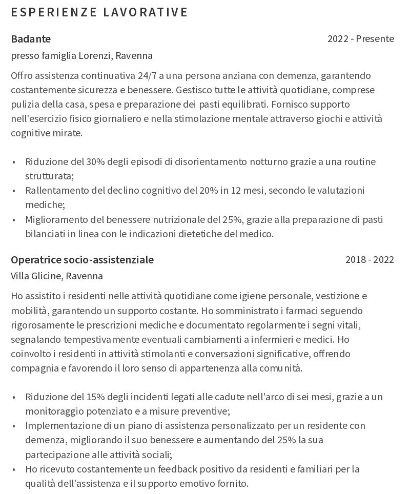 badante cv l'esperienza lavorativa