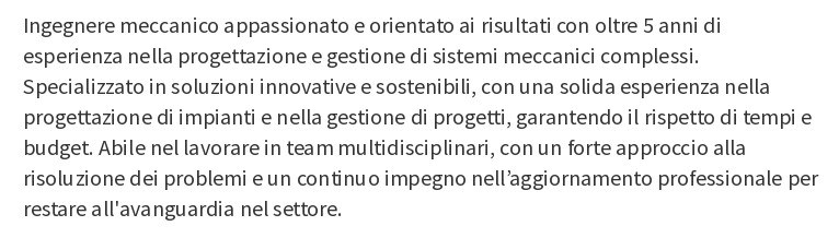 esempio di profilo personale di cv di ingegnere meccanico