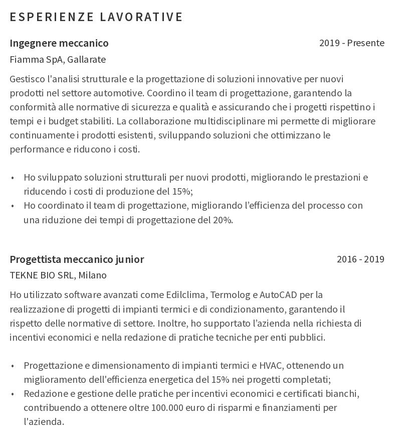 esempio di l'esperienza lavorativa di cv di ingegnere meccanico