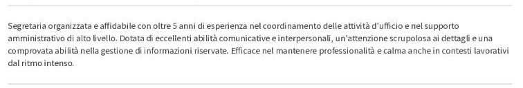 esempio di profilo personale di cv di segretaria