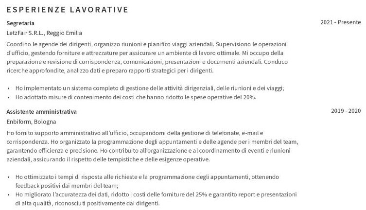 esempio di l'esperienza lavorativa di cv di segretaria